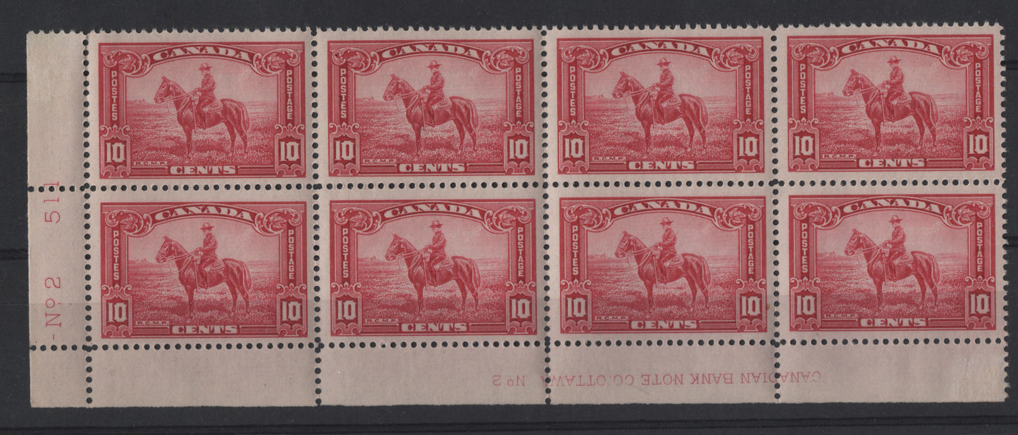 Lot 288 (C) Canada #223 10c Carmine Red RCMP, 1935 King George V Pictorial Issue, A VFNH Lower Left Plate 2 Block Of 8 On Paper/Gum Type CBN-DD, Perf 12