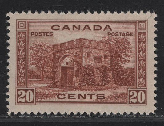 (C) Canada #243 20c Lake Brown Fort Garry Gate, 1938 Pictorial Issue, A VFNH Single On Paper/Gum Type CBN-S