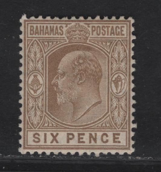 Lot 33 (C) Bahamas SG#74 6d Bistre Brown King Edward VII, 1906-1911 King Edward VII Keyplates, A VFOG Single, Multiple Crown CA Wmk
