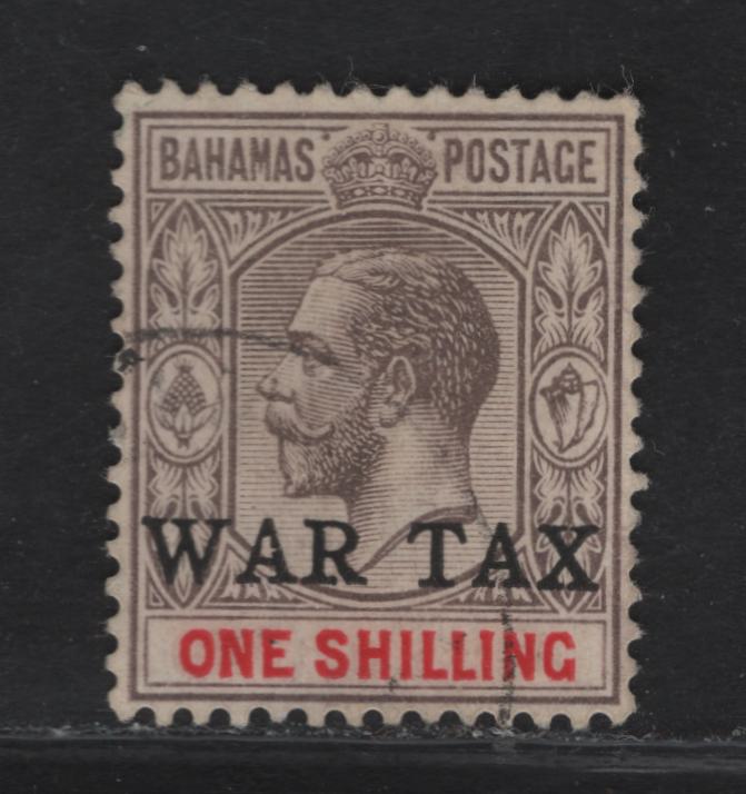 Lot 34 (C) Bahamas SG#95 1/- Gray & Carmine King George V, 1918 KGV Keyplates Issue, A Very Fine Used Single, War Tax Overprint