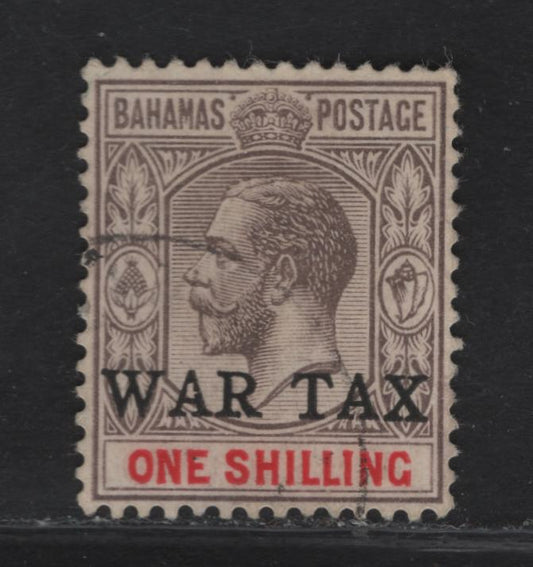 Lot 34 (C) Bahamas SG#95 1/- Gray & Carmine King George V, 1918 KGV Keyplates Issue, A Very Fine Used Single, War Tax Overprint