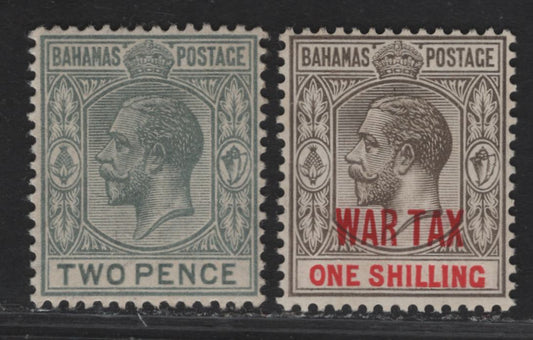 Lot 35 (C) Bahamas SG#83, 99 2d - 1/- Gray - Gray & Carmine King George V, 1912-1918 KGV Profile Heads Issue, 2 VFNH Singles, Multiple Crown CA Wmk