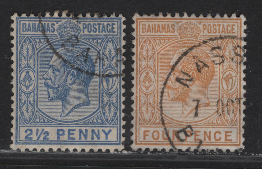 Lot 36 (C) Bahamas SG#84a, 85 2.5d - 4d Deep Dull Blue - Orange Yellow King George V, 1912-1919 KGV Keyplates Issue, 2 Very Fine Used Singles, Multiple Crown CA Wmk