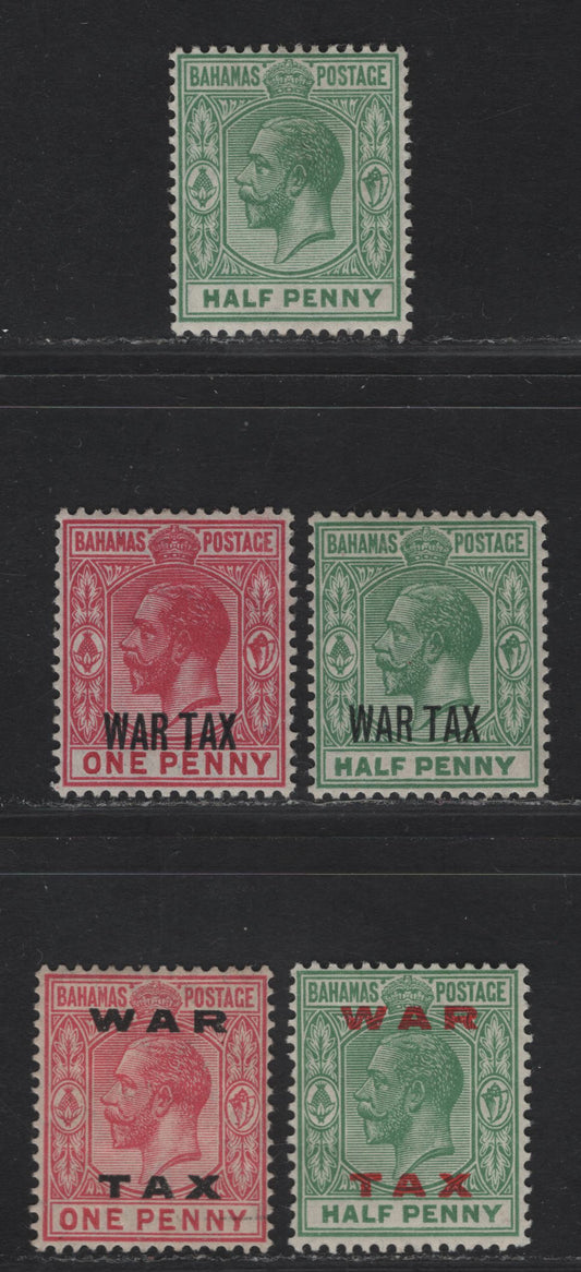 Lot 37 Bahamas SG#81, 96-97, 102-103 1/2d - 1d Green - Carmine Rose King George V, 1912-1919 KGV Keyplates Issue, 5 F/VFOG Singles, Multiple Crown CA Wmk, War Tax Overprints