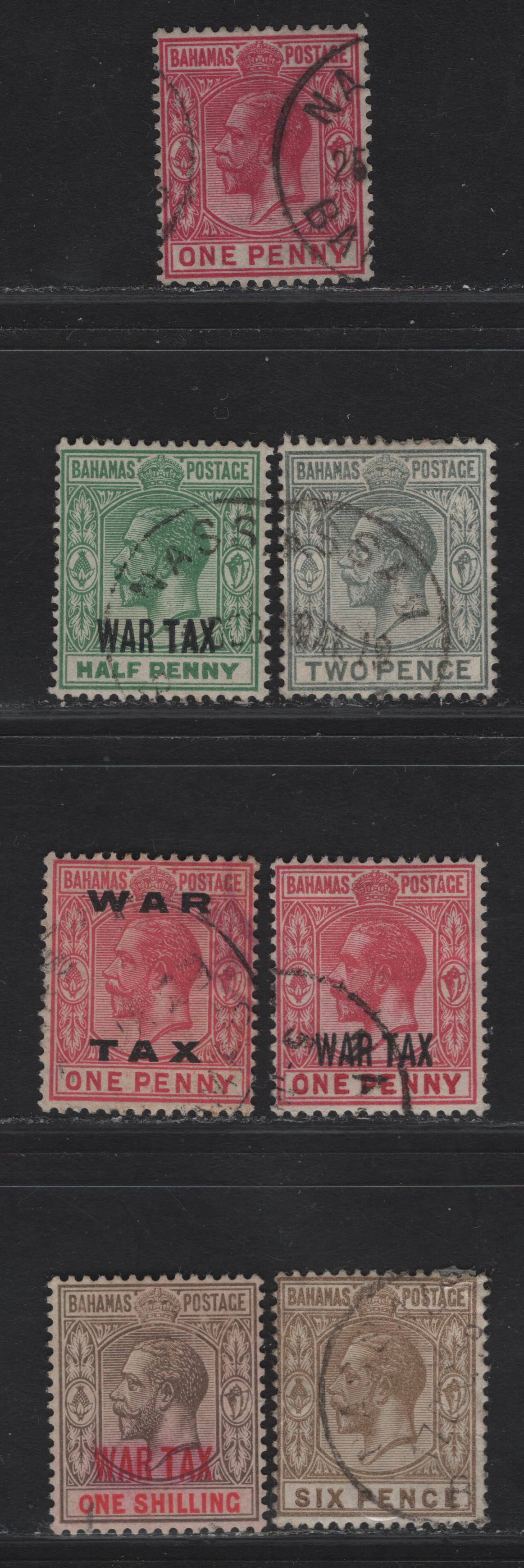 Lot 38 (C) Bahamas SG#82-83, 86, 96-97, 99, 103 1d - 1/- Carmine - Gray Black & Carmine King George V, 1912-1919 KGV Keyplate Issue, 7 Fine/Very Fine Used , Multiple Crown CA Wmk