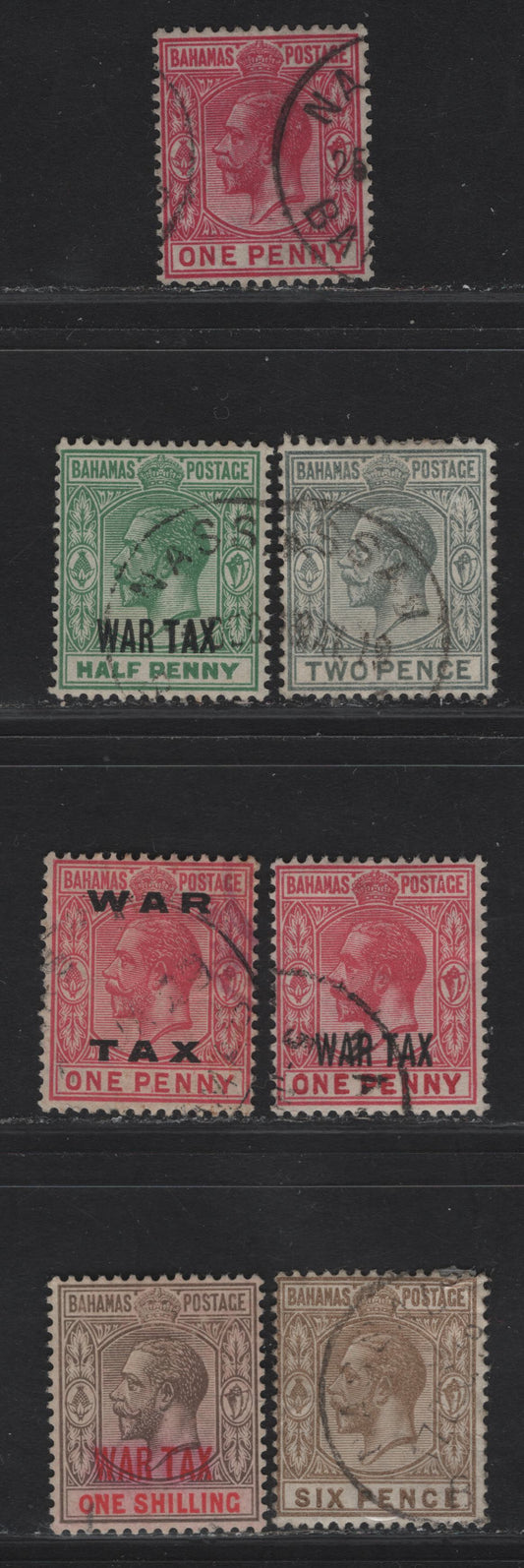 Lot 38 (C) Bahamas SG#82-83, 86, 96-97, 99, 103 1d - 1/- Carmine - Gray Black & Carmine King George V, 1912-1919 KGV Keyplate Issue, 7 Fine/Very Fine Used , Multiple Crown CA Wmk