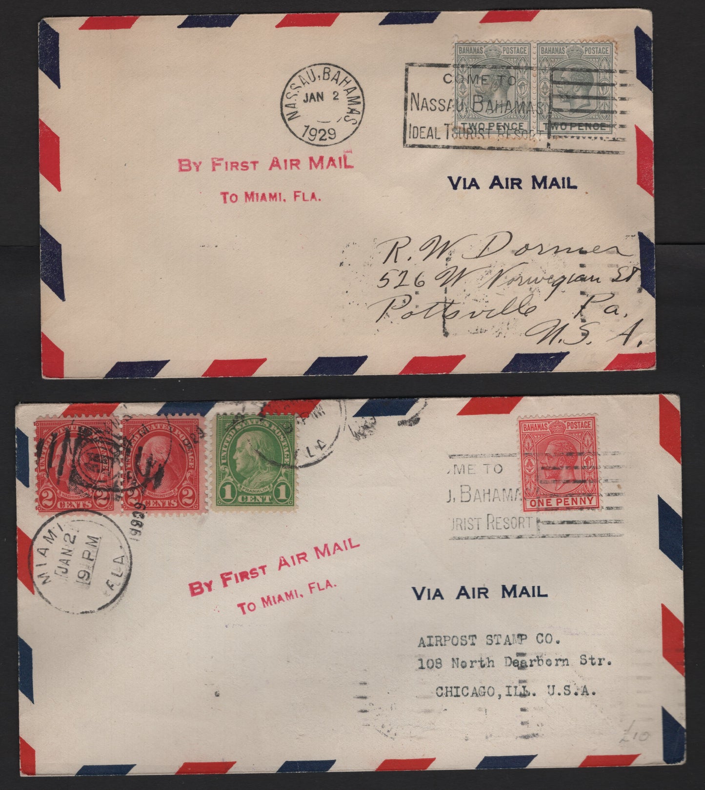 Lot 39 Bahamas SG#116, 118 1d - 2d Carmine - Gray Black & Carmine King George V, 1921-1937 KGV Keyplate Issue, 2 Very Fine Used Singles & Pair On 2 Covers, script CA Wmk, Two First Flight Covers to Pennsylvania & Illinois Via Airmail Service To Miami