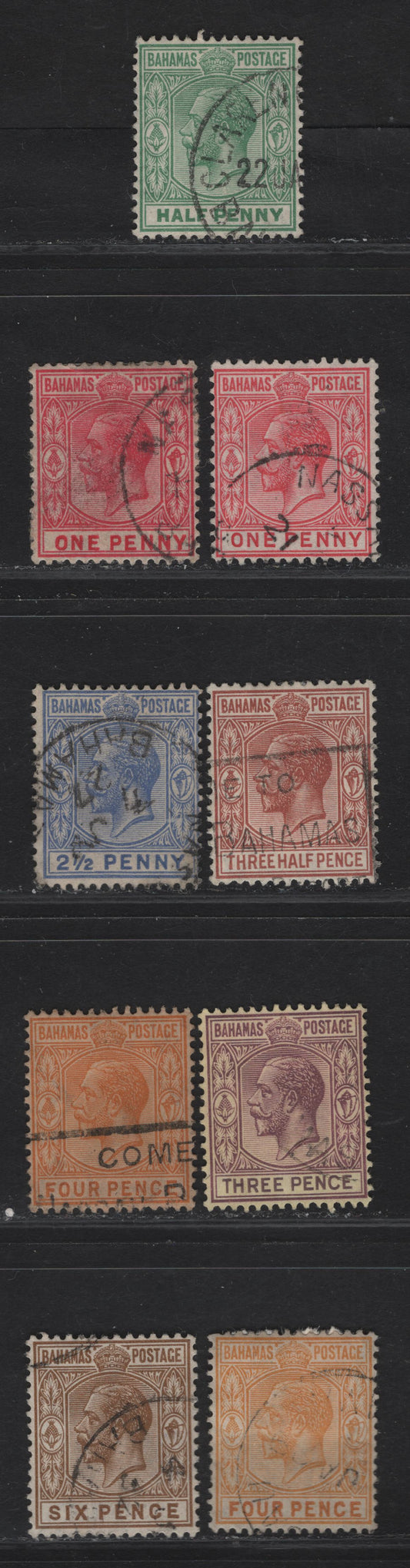 Lot 40 (C) Bahamas SG#115-117, 119-122 1/2d -  Green - Bistre Brown King George V, 1921-1937 KGV Keyplate Issue, 8 Fine/Very Fine Used Singles, script CA Wmk, Including Two Shades of 1d & 4d
