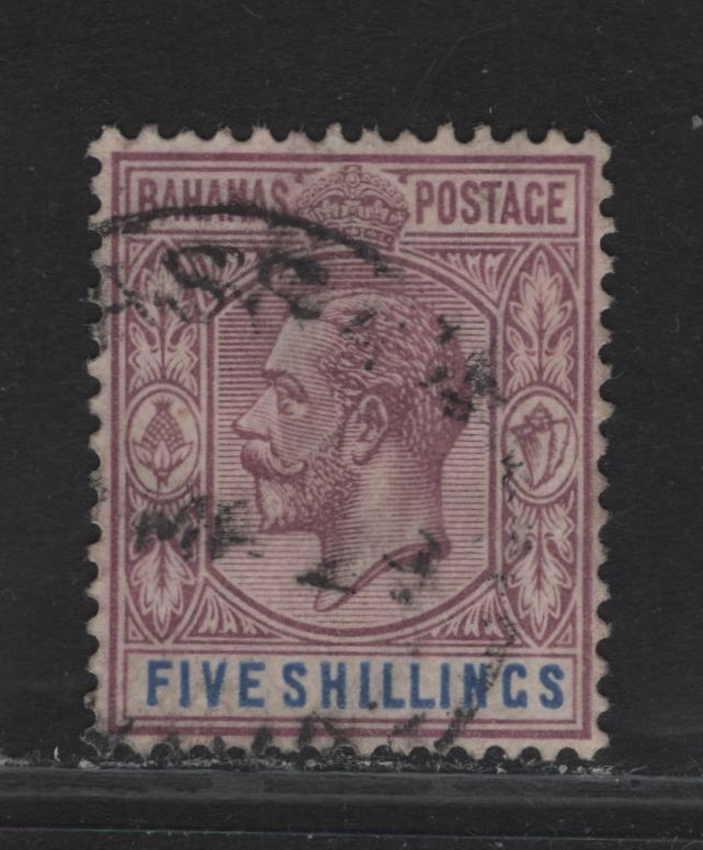 Lot 43 (C) Bahamas SG#124 5/- Dull Purple & Blue King George V, 1921-1937 KGV Keyplate Issue, A Very Fine Used Single, script CA Wmk
