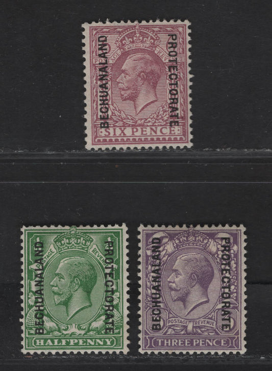 Lot 6 (C) Bechuanaland Protectorate SG#91, 94, 96 1/2d - 6d Green - Reddish Purple King George V, 1925-1927 KGV Profile Heads Issue, 3 VFOG Singles, Block Cypher Wmk