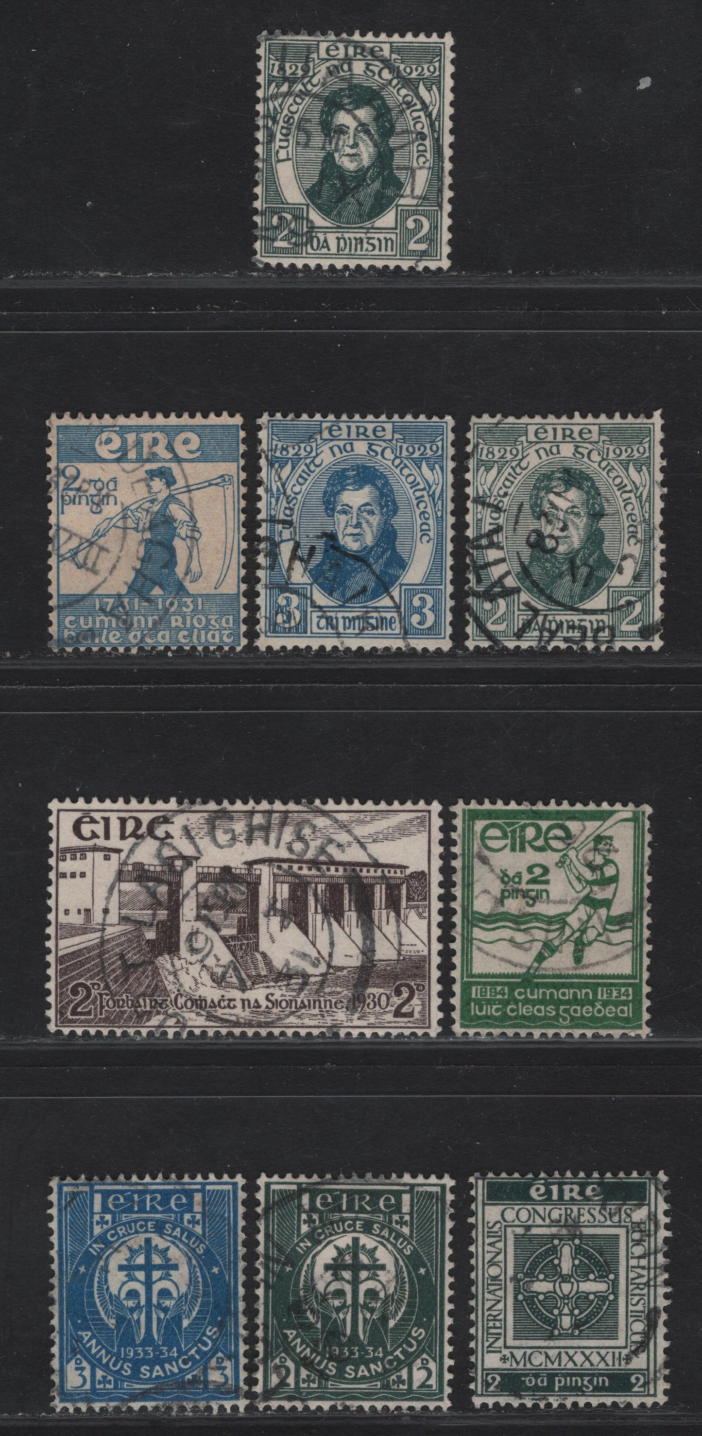 Lot 94 Ireland SG#89-90, 92-94, 96-98 2d Gray Green  - Emerald Catholic Emancipation - Golden Jubilee of Gaelic Athletic Assoc., 1929-1934 Catholic Emancipation - Golden Jubilee of Gaelic Athletic Assoc Issues, 8 Very Fine Used Singles