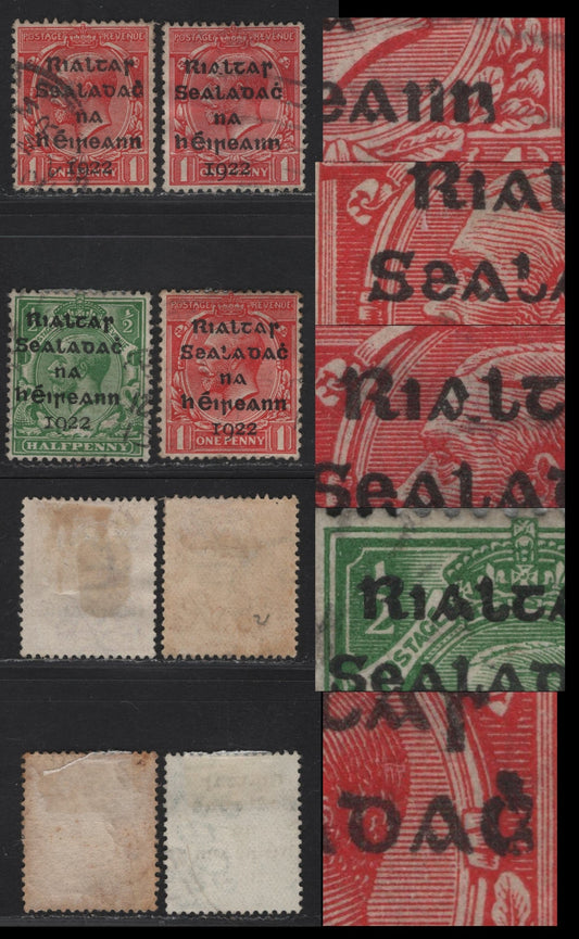 Lot 9 Ireland SG#1var, 2var, 3var 1/2d - 1d Green - Carmine Red King George V, 1922 KGV Dollard Overprinted Issue, 4 Very Fine Used Singles, Unlisted Broken/Deformed Letters In The Overprints, Not Listed In Hibernian