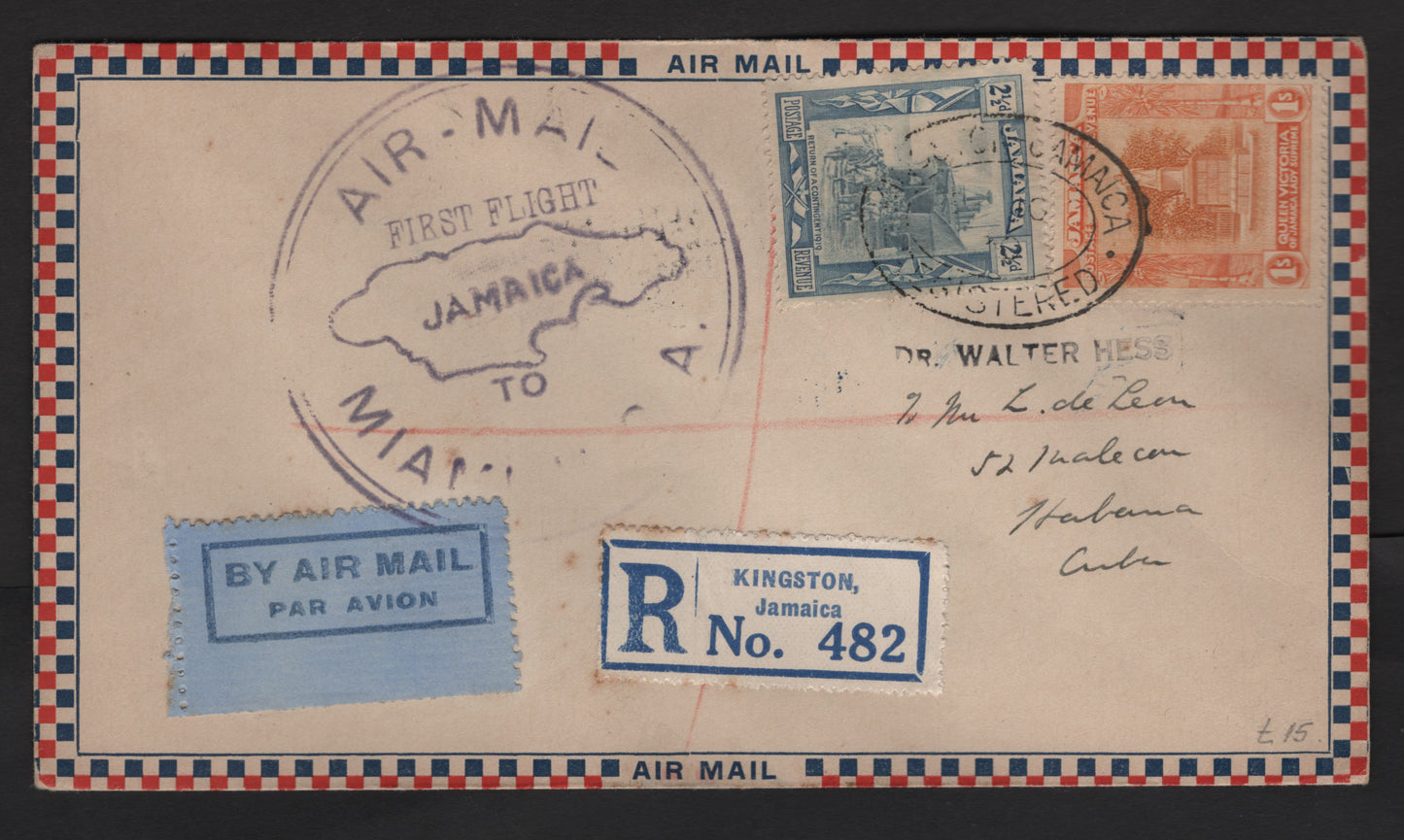 Lot 119 (C) Jamaica SG#98a, 102a 2.5d - 1/- Dull Blue - Orange & Brown Orange Return of War Contingent - State of Queen Victoria, 1921-1929 Pictorial Issue, A Very Fine Used Cover, Combination Usage On 1930 First Flight Cover To Cuba