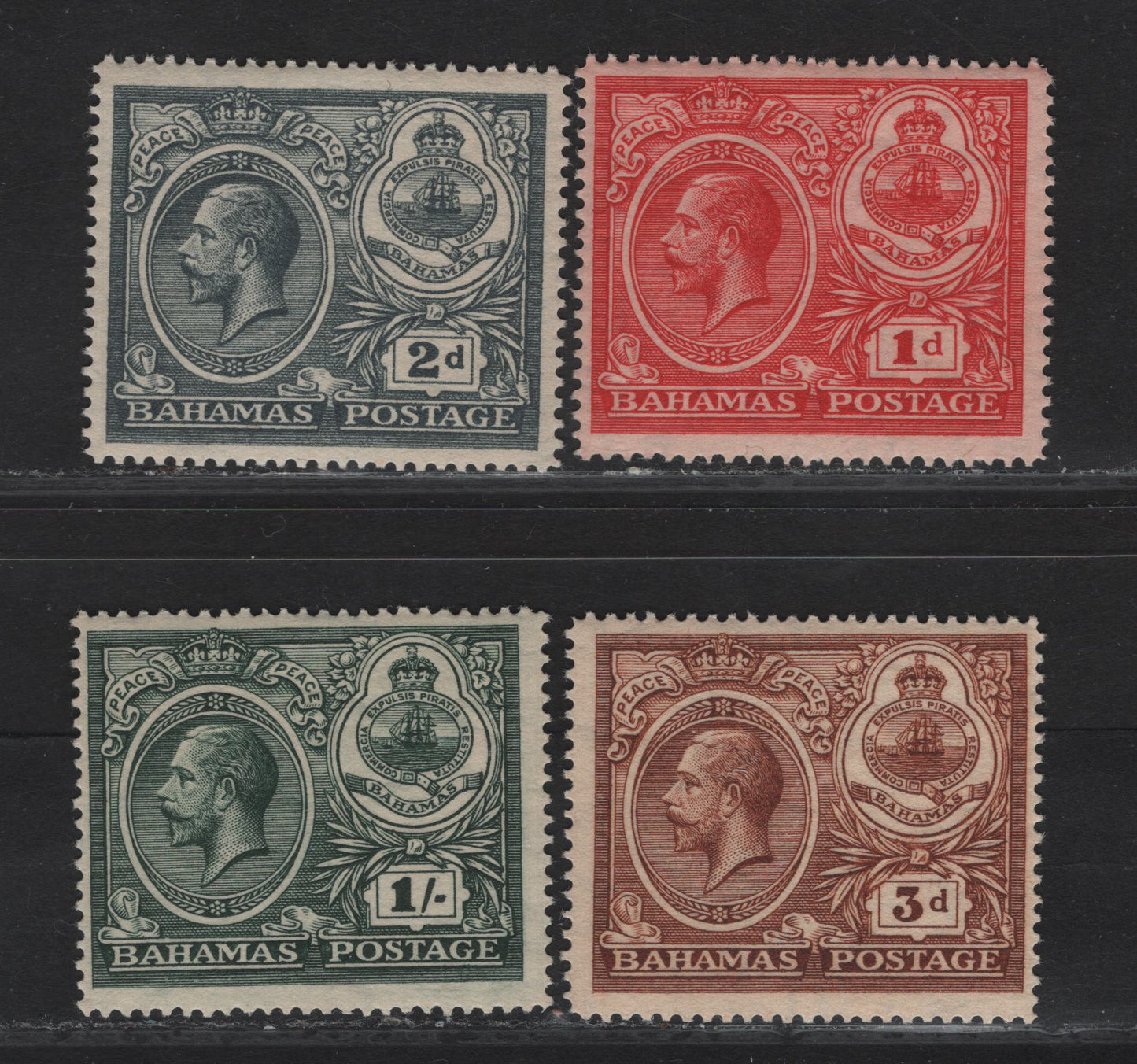 Lot 12 Bahamas #107-110 1d Carmine - 1/- Deep Myrtle Green, 1920 Peace Issue, 4 F & VF NH Singles