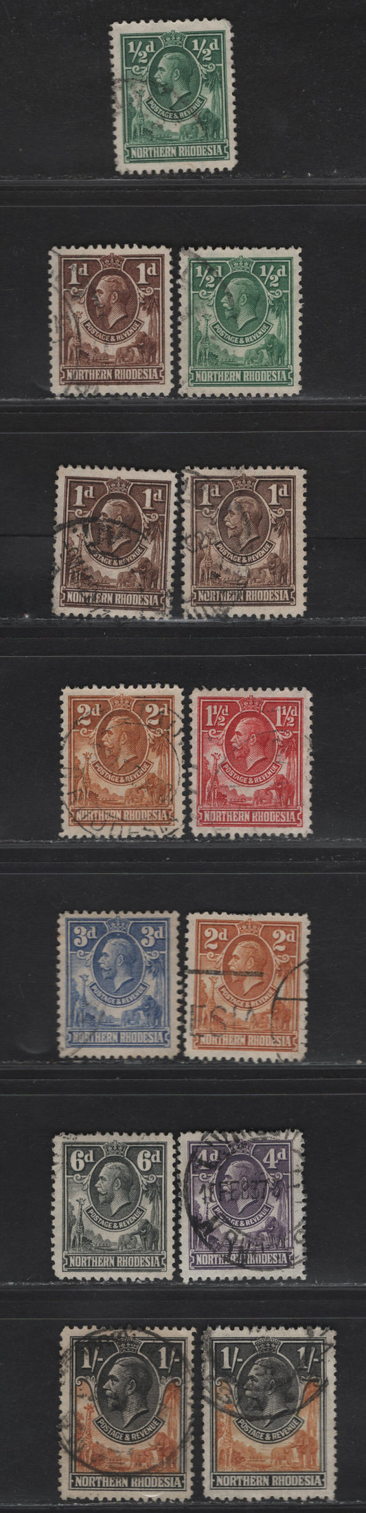 Lot 144 Northern Rhodesia SG#1-7, 10 1/2d - 1/- Green - Black & Yellow Orange King George V, 1925-1929 Pictorial Issue, 6 Very Fine Used Singles, Unlisted Shade Variations