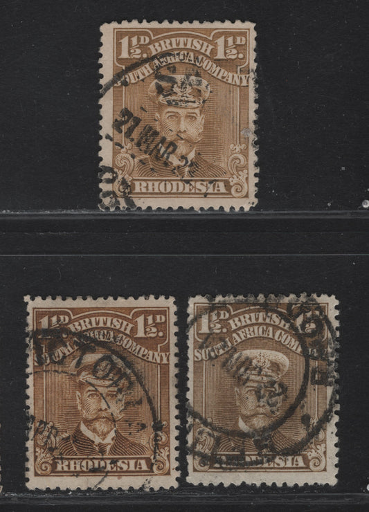 (C) Rhodesia SG#197-199 1.5d Brown Ochre - Drab Brown King George V, 1913-1919 Admiral Issue, 3 Fine Used Singles, Perf 14