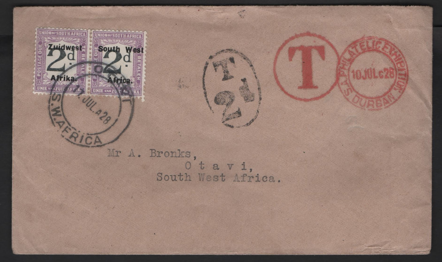 Lot 170 (C) South West Africa SG#D30 2d Black & Violet Numerals, 1923-1926 Postage Dues, A Very Fine Used Cover, Zuidwest As 1 Word No Hyphen Between South West, 9.5mm Between Overprint Lines (Setting VI), Local Philatelic Cover July 10 1928.