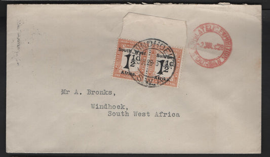 (C) South West Africa SG#D34 1.5d Black & Pale Orange Numerals, 1927 Postage Dues, A Very Fine Used Cover, Suidwes For Zuidwest, Pair Used On July 2 1928 Durban Philatelic Cover To Windhoek, No Postage Due Marking.