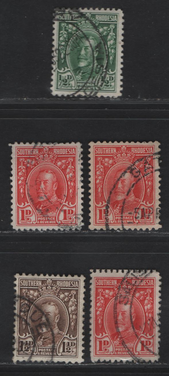 Southern Rhodesia SG#15, 16, 16c 1/2d - 1.5d Green - Chocolate King George V, 1931-1937 KGV Portrait Issue, 5 Very Fine Used Singles, 1/2d & 1d On Horizontal & Vertical Wove Is Line Perf, 1d Booklet Is Vertical Wove, 1d & 1.5d Are Comb Perf 12.
