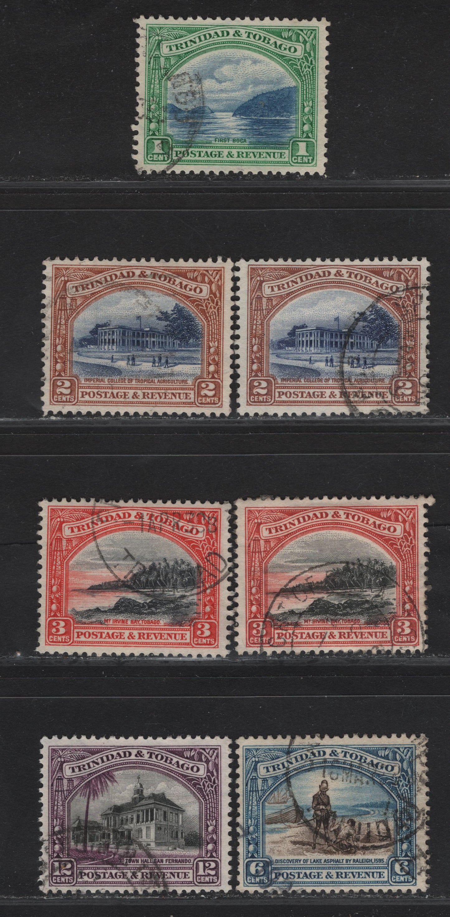 Lot 193 Trinidad & Tobago SG#230a-233a, 235a 1c - 12c Blue & Emerald Green - Black & Violet First Boca - Town Hall, 1935-1937 Pictorial Issue, 7 Fine/Very Fine Used Singles, Comb Perf 12.5, Extra Shades Of 2c on 3c