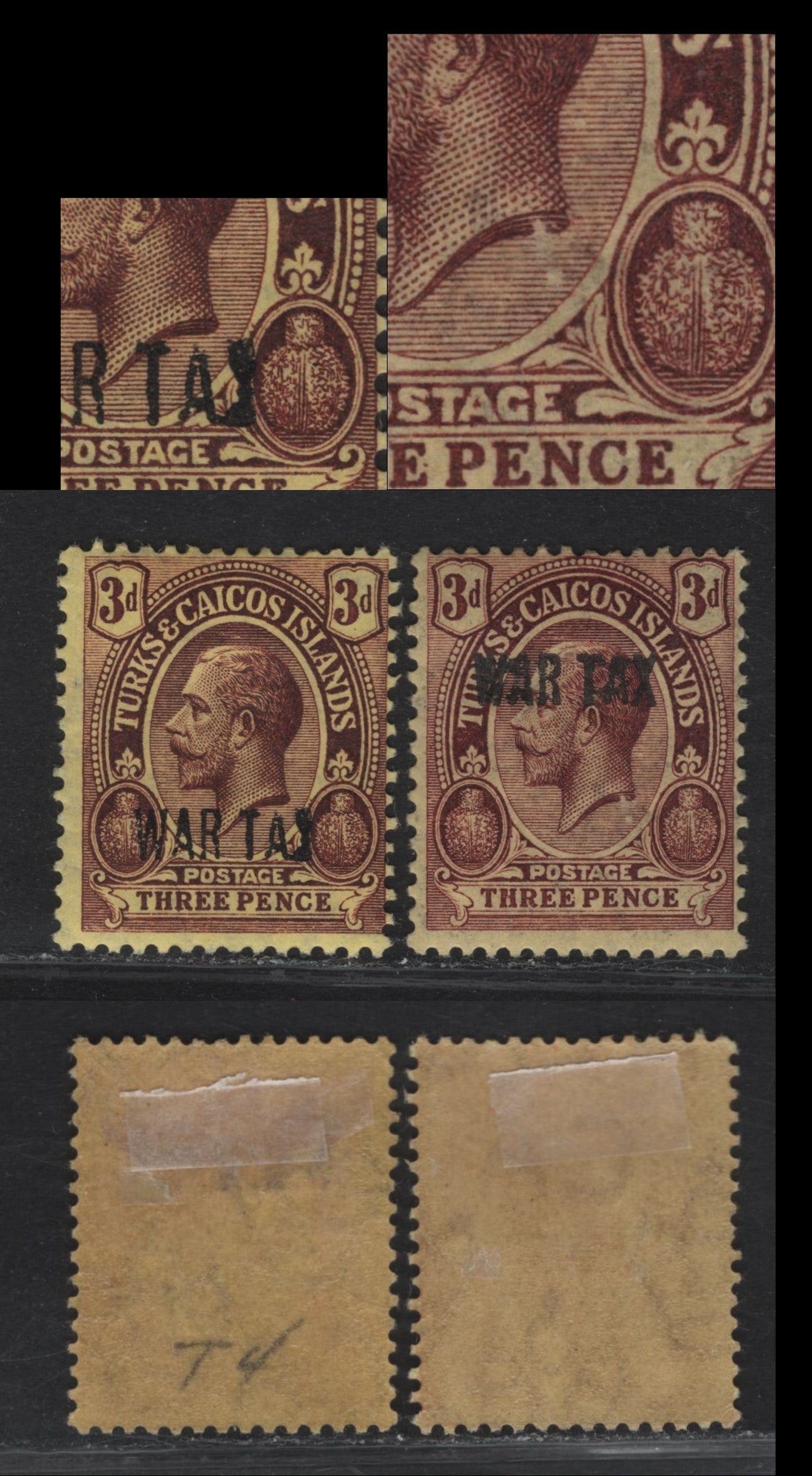 Lot 197 Turks & Caicos SG#141, 145 3d Purple on Yellow - Deep Purple on Yellow King George V, 1917 War Tax Overprints, 2 FOG Singles, Showing Scratch At Base of Bust & Badly Deformed X In 'Tax'