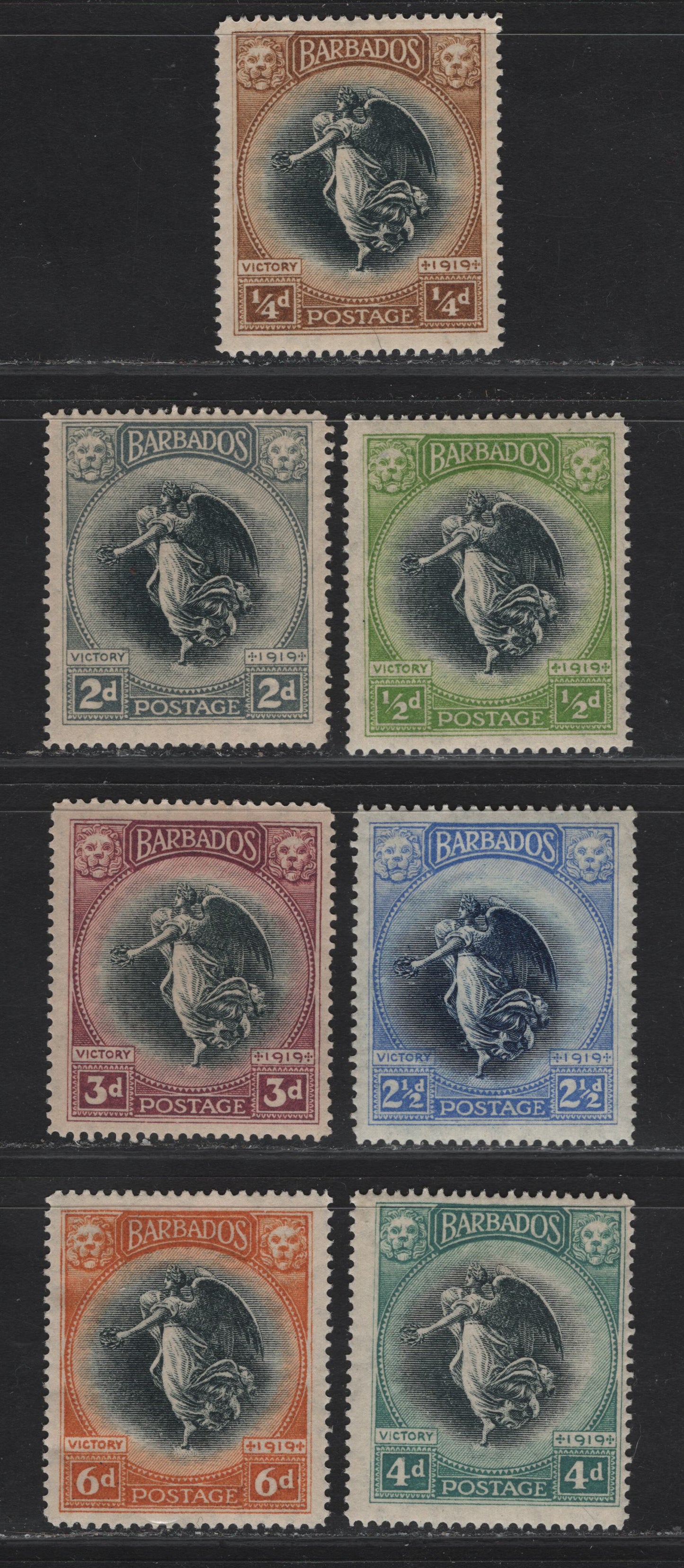Lot 20 Barbados #201-202, 204-208 1/4d Black & Bistre Brown - 6d Black & Brown Orange, 1920-1921 Victory Issue, Wmk Multiple Crown CA, 7 F & VF OG Singles