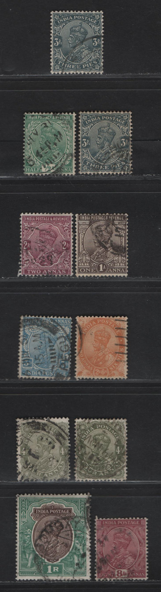 India SG#201-203, 206-207, 209-212, 214 3p - 1r Slate - Chocolate & Green King George V, 1926-1933 KGV Keyplates, 10 Fine/Very Fine Used Singles, Multiple Star Wmk