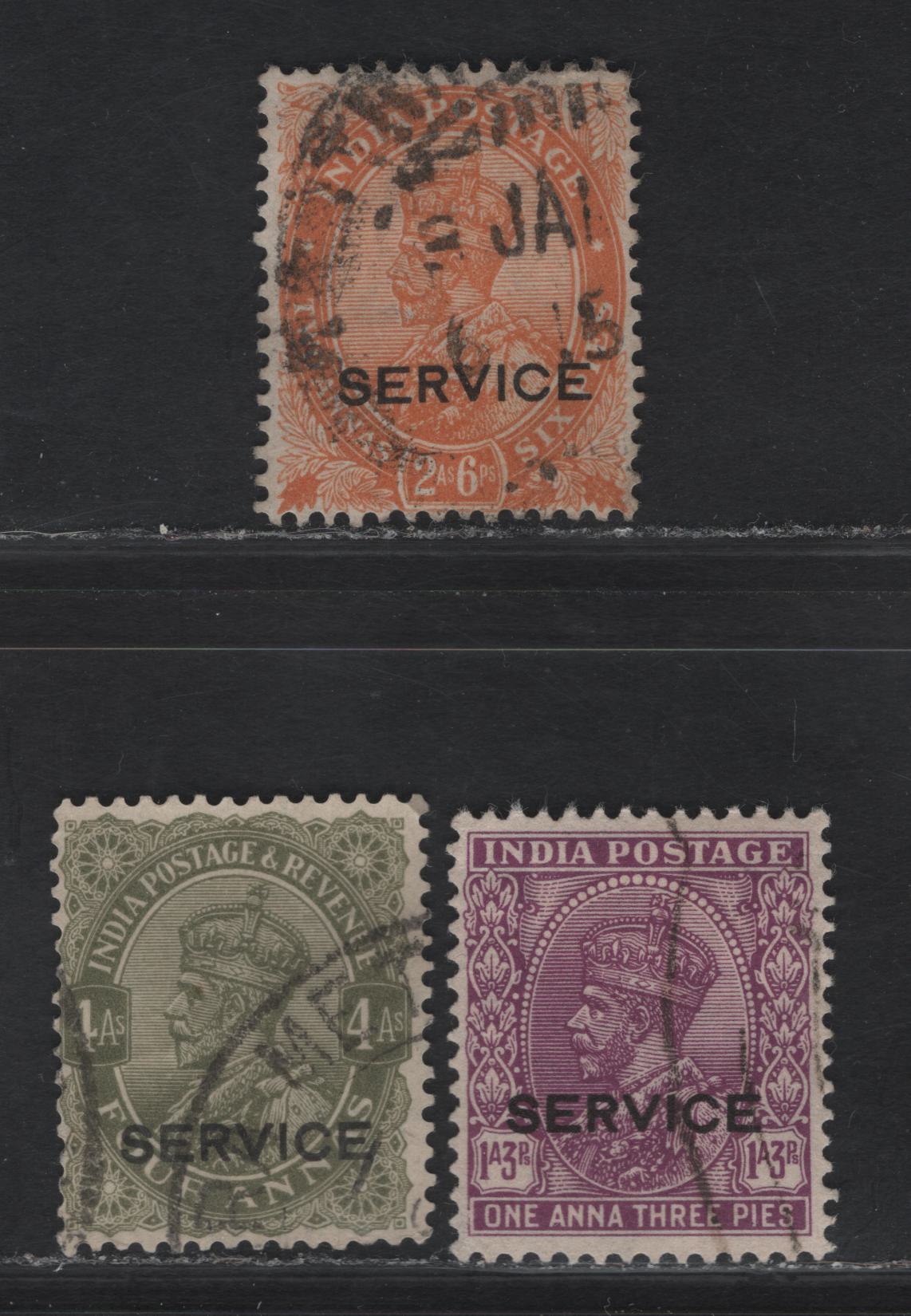 Lot 245 India SG#O113w, O125w,O129w 4a - 2a6p Sage Green - Orange King George V, 1926-1936 Overprinted KGV Keyplates Of India Issue, 3 Fine/Very Fine Used Singles, Inverted Multiple Stars Wmk