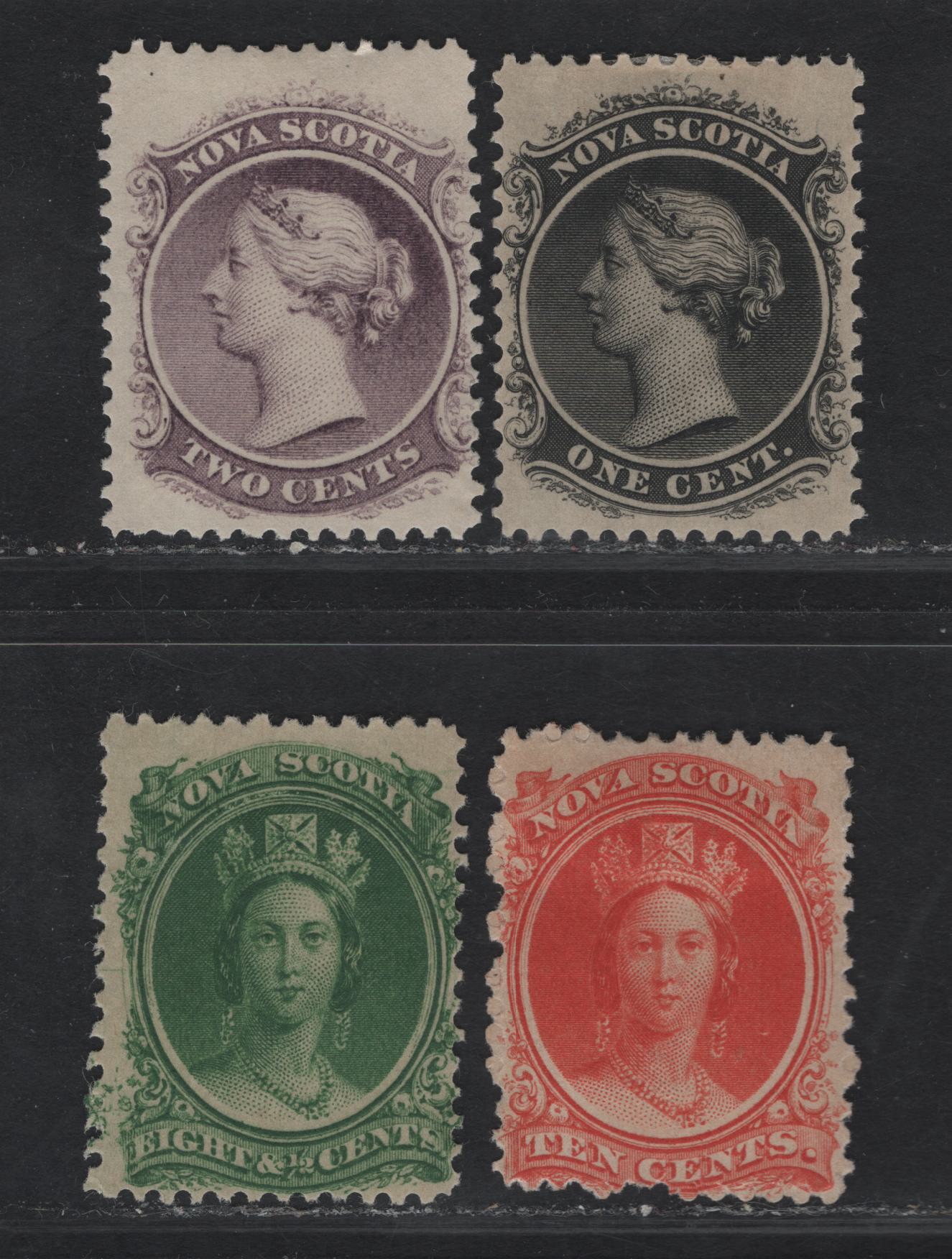 Lot 248 (C) Nova Scotia #8-9, 11-12 1c - 10c Black - Vermillion Queen Victoria, 1860-1863 Cents Issue, 4 VG/F/VFOG Singles, 1c Perf 11.75, 2c Perf 11.75x12, 8.5c Perf 11.75 & 10c Perf 11.75, Paper Types Cents-G, H & I