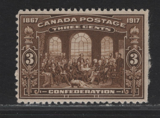 (C) Canada #135 3c Deep Yellowish Brown Fathers of Confederation, 1917 50th Anniv. Of Confederation Issue, A FOG Single, Paper ABN-E, Right Sheet Margin