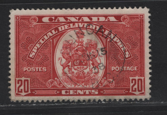 Lot 359 Canada #E8 20c Carmine Emblem, 1939 Special Delivery Issue, A Very Fine Used Single, Paper/Gum CBN-MM, Perf 11.95x11.85, June 15 1938 First Day Of Issue Duncan BC Cancel.