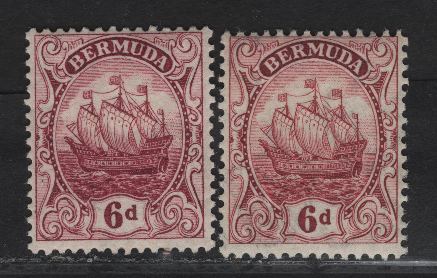 Lot 36 Bermuda SG#50-a 6d Purple - Pale Claret Caravel, 1910-1925 Caravel Definitives, 2 FOG Singles, Multiple Crown CA Wmk, Comb Perf 14