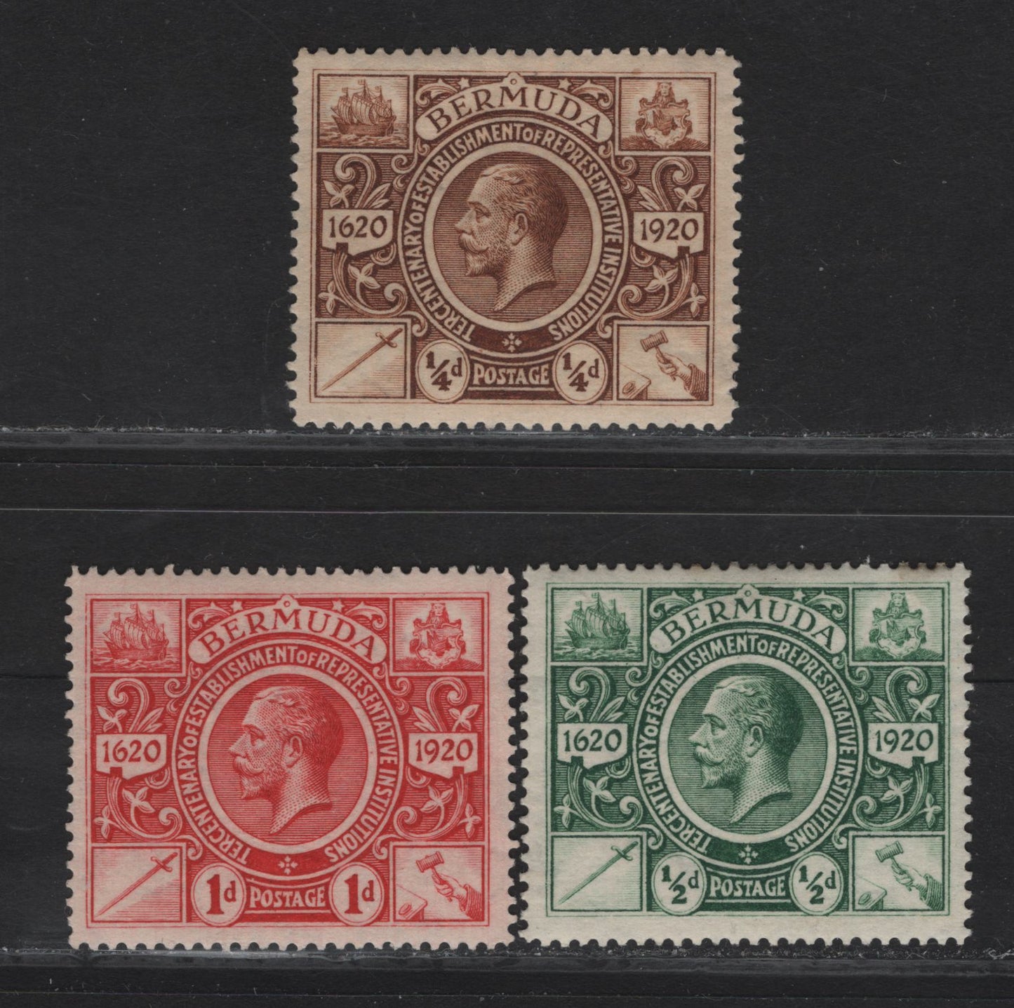 Lot 49 Bermuda SG#74-76 1/4d - 1d Brown - Deep Carmine King George V, 1921 Tercentenary of Representative Institutions Issue, 3 VFOG Singles, Script CA Wmk