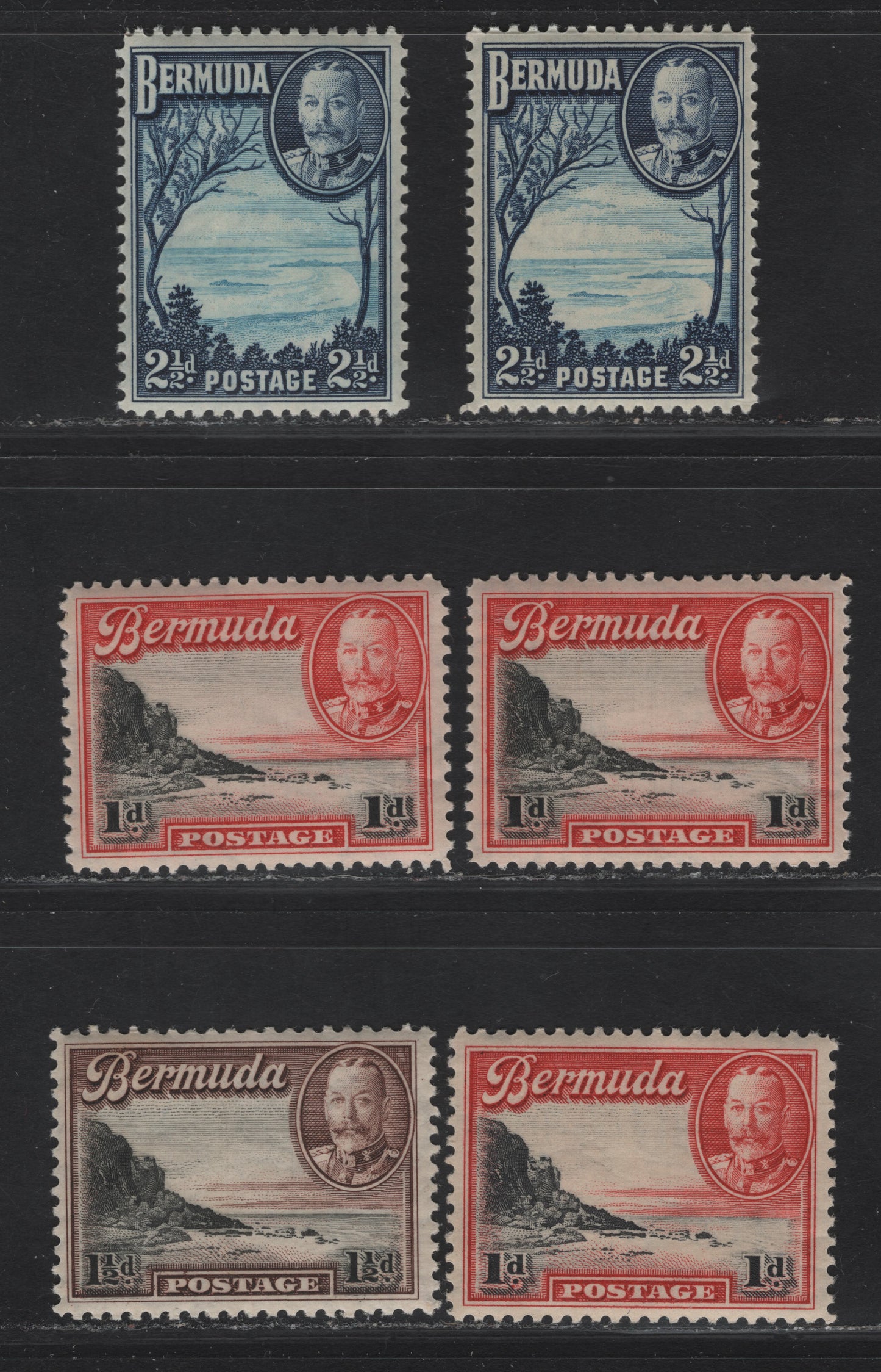 Bermuda SG#99-100, 102 1d - 2.5d Black & Scarlet - Light Bright Blue & Deep Blue South Shore - Grape Bay, 1936-1947 KGV Pictorial Issue, 6 VFNH Singles