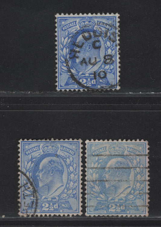 Great Britain SC#131-a (SG#230-231) 2.5d Pale Ultramarine - Deep Ultramarine King Edward VII, 1902-1910 King Edward VII Issue, 3 Very Fine Used Singles, DLR Printings, Perf 14