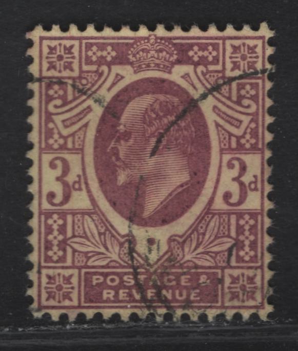 Great Britain SC#132h (SG#234) 3d Reddish Purple on Lemon King Edward VII, 1902-1910 King Edward VII Issue, A Very Fine Used Single, DLR Printing, Chalk Surfaced Paper, This May Be A Changeling, But The Color Looks Even.