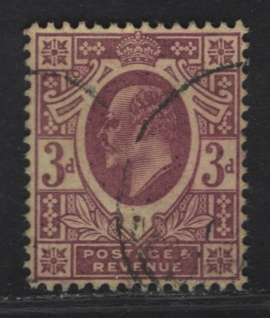 Lot 148 Great Britain SC#132h (SG#234) 3d Reddish Purple on Lemon King Edward VII, 1902-1910 King Edward VII Issue, A Very Fine Used Single, DLR Printing, Chalk Surfaced Paper, This May Be A Changeling, But The Color Looks Even.