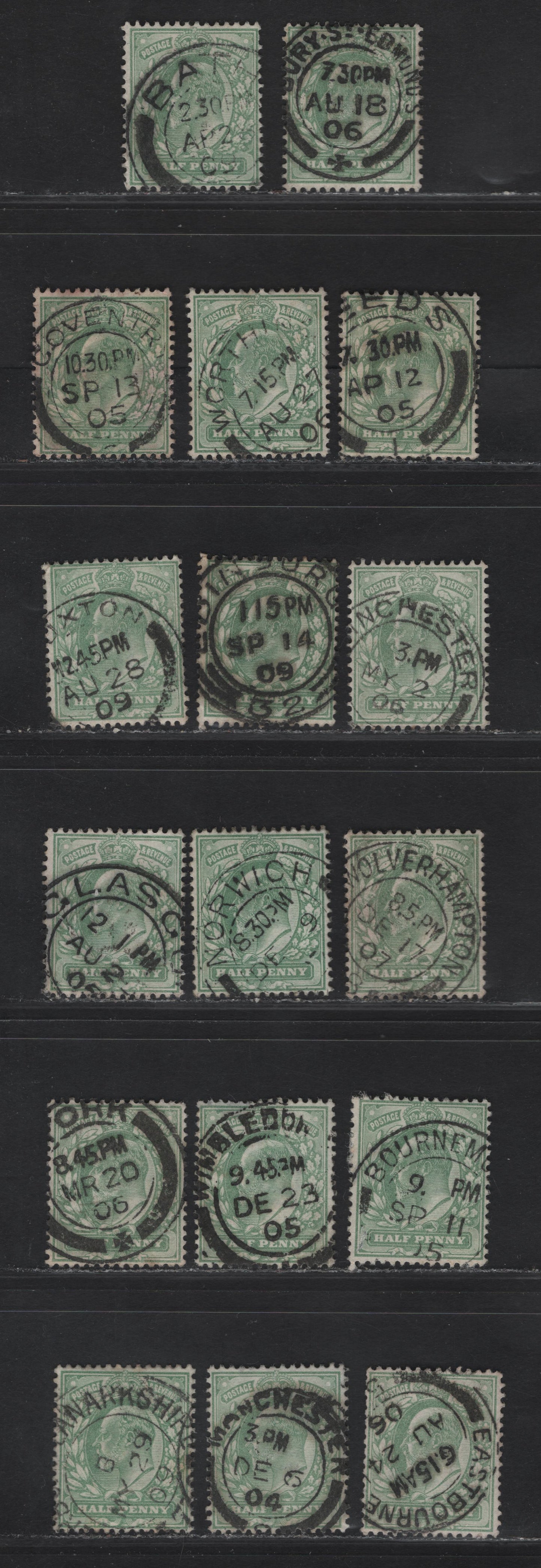 Great Britain SC#143-143a (SG#217-218) 1/2d Pale Yellowish Green - Yellowish Green King Edward VII, 1902-1910 King Edward VII Issue,  Fine/Very Fine Used Singles, Single Bar Barell CDS Cancels, A-Z Towns & Villages