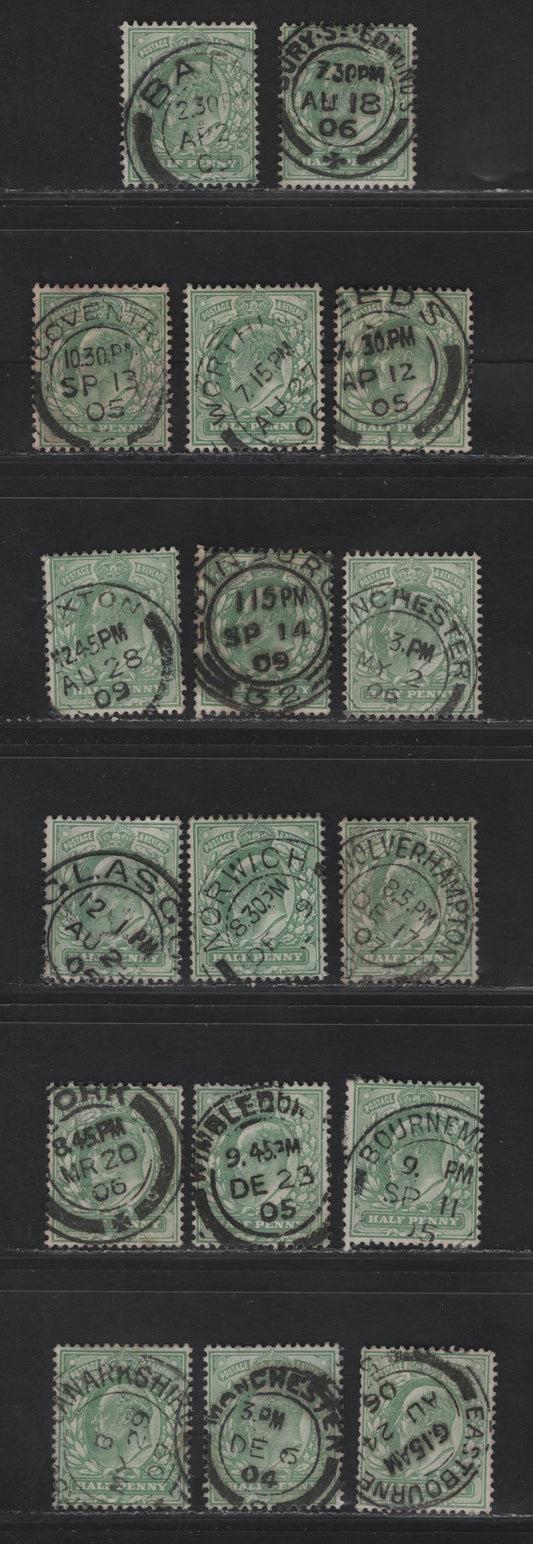 Great Britain SC#143-143a (SG#217-218) 1/2d Pale Yellowish Green - Yellowish Green King Edward VII, 1902-1910 King Edward VII Issue,  Fine/Very Fine Used Singles, Single Bar Barell CDS Cancels, A-Z Towns & Villages