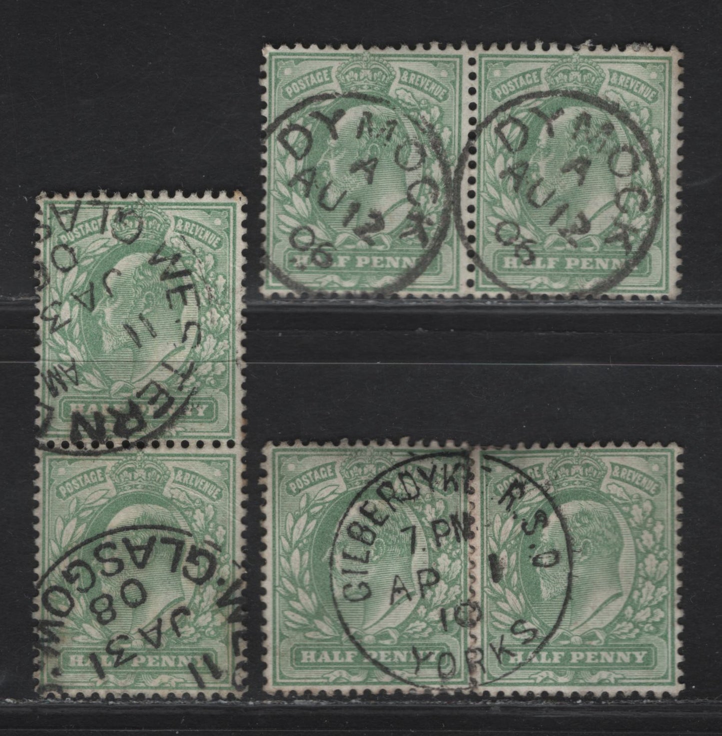 Lot 19 Great Britain SC#143a (SG#218) 1/2d Yellowish Green King Edward VII, 1902-1910 King Edward VII Issue, 3 Very Fine Used Pairs, Single Circle CDS Cancels For Dymack, Gilberdyke RSO & Western Glasgow