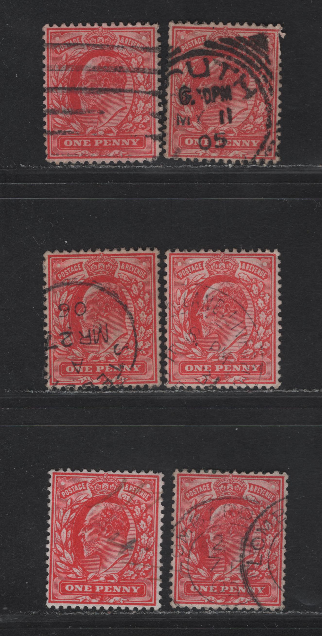 Great Britain SC#128, 128h (SG#219-220 (Spec M5(6)-M5(4))) 1d Scarlet - Rose Carmine King Edward VII, 1902-1910 King Edward VII Issue, 6 Fine/Very Fine Used Singles, All Listed & Additional Unlisted Ones