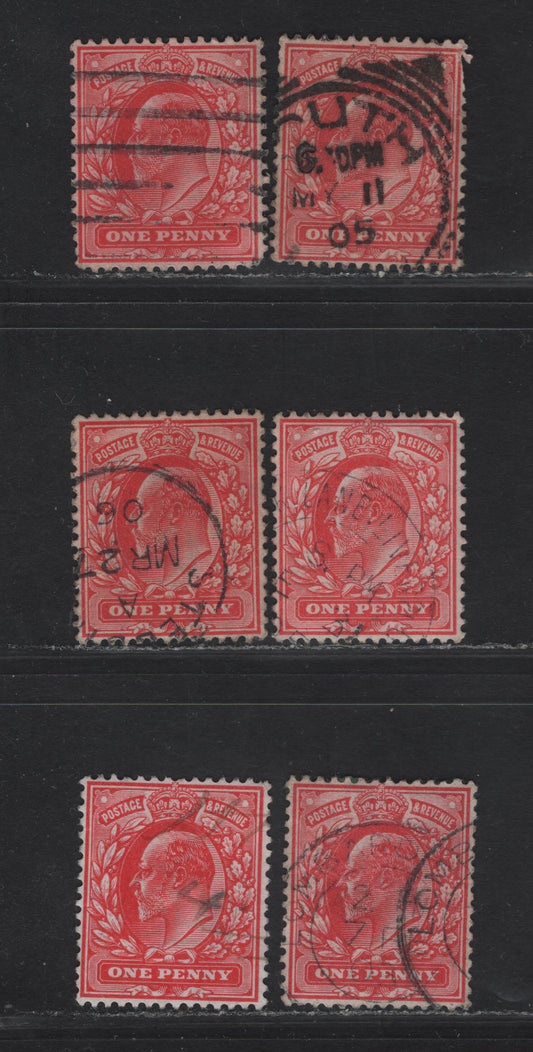 Great Britain SC#128, 128h (SG#219-220 (Spec M5(6)-M5(4))) 1d Scarlet - Rose Carmine King Edward VII, 1902-1910 King Edward VII Issue, 6 Fine/Very Fine Used Singles, All Listed & Additional Unlisted Ones