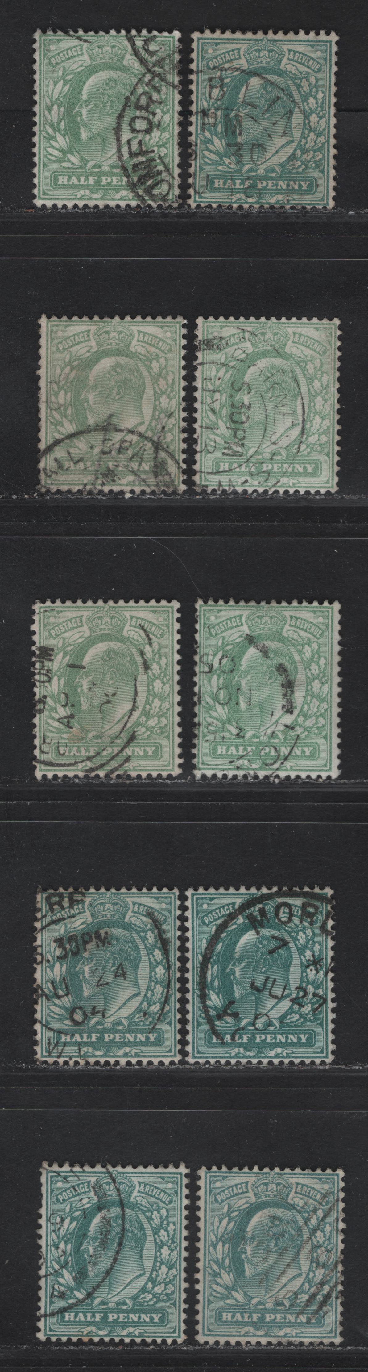 Great Britain SC#127a (SG#215-219 (Spcialized M1c1-M1(3) - M2(1) & M2(2)) 1/2d Deep Blue Green - Pale Bluish Green King Edward VII, 1902-1910 King Edward VII Issue, 9 Fine/Very Fine Used Singles, All Listed & Some Unlisted Shades.
