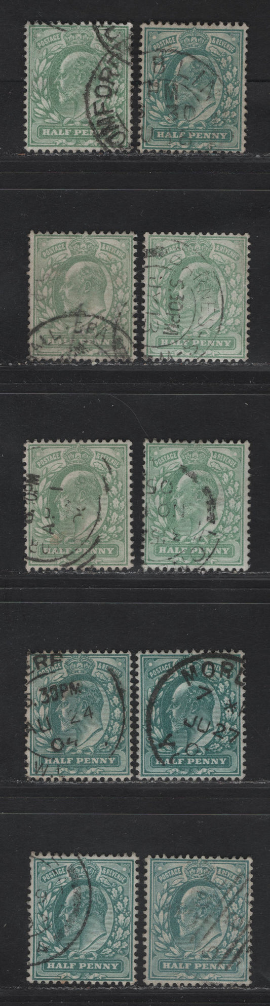Great Britain SC#127a (SG#215-219 (Spcialized M1c1-M1(3) - M2(1) & M2(2)) 1/2d Deep Blue Green - Pale Bluish Green King Edward VII, 1902-1910 King Edward VII Issue, 9 Fine/Very Fine Used Singles, All Listed & Some Unlisted Shades.