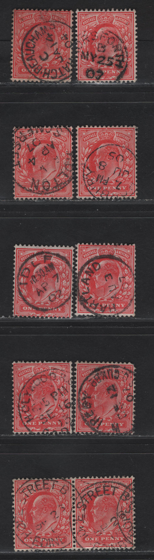 Lot 203 Great Britain SC#128 (SG#219-220) 1d Scarlet - Deep Scarlet King Edward VII, 1902-1910 King Edward VII Issue,  Fine/Very Fine Used Singles, H & I Single Circle Village/Town CDS Cancels