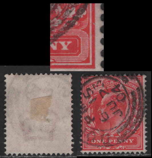 Great Britain SC#128var (SG#220var) 1d Bright Scarlet King Edward VII, 1902-1910 King Edward VII Issue, A Very Good Used Single, DLR Printing, Showing Broken Inner Frame Of Value Tablet At Right, Unlisted In Gibbons Specialized.
