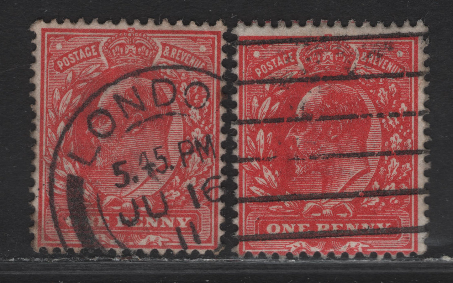 Great Britain SC#128a (SG#272) 1d Rose Red & Intense Rose Red King Edward VII, 1902-1910 King Edward VII Issue, 2 VG/Fine Used Singles, Harrison Printing, Perf 14