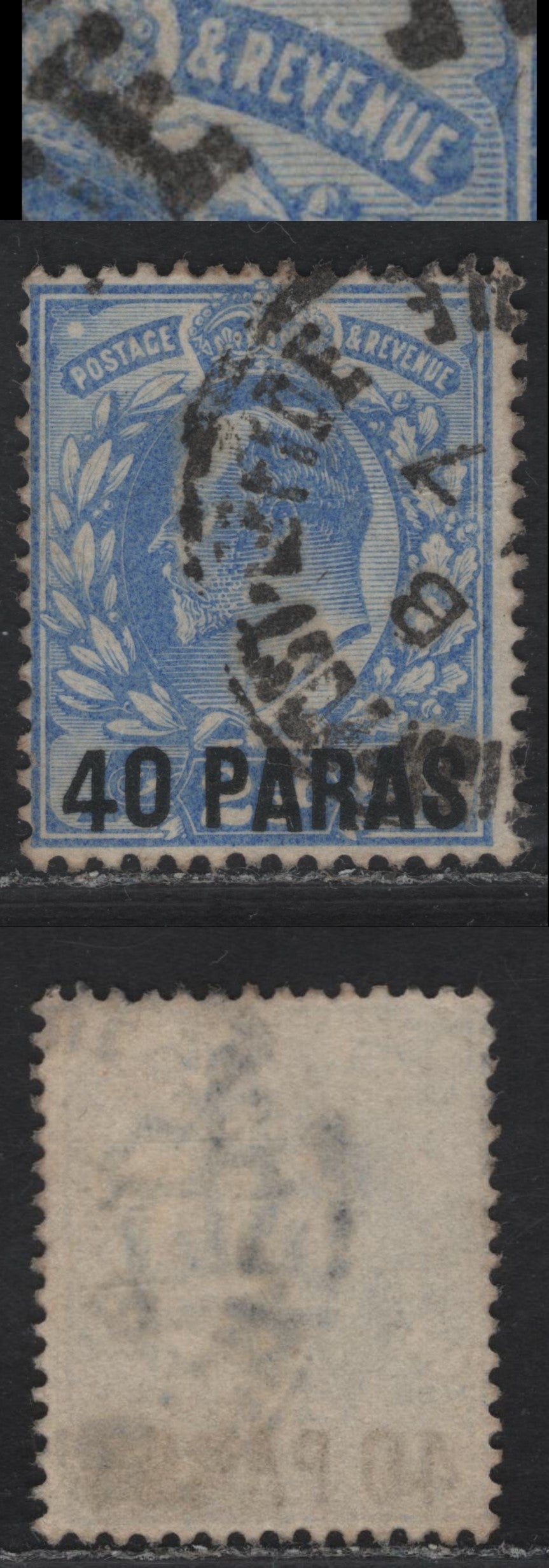 British Levant SG#8 40pa on 2.5d Ultramarine King Edward VII, 1902-1905 King Edward VII Issue, A Fine Used Single, Showing Dot Under E Of Revenue, Unlisted