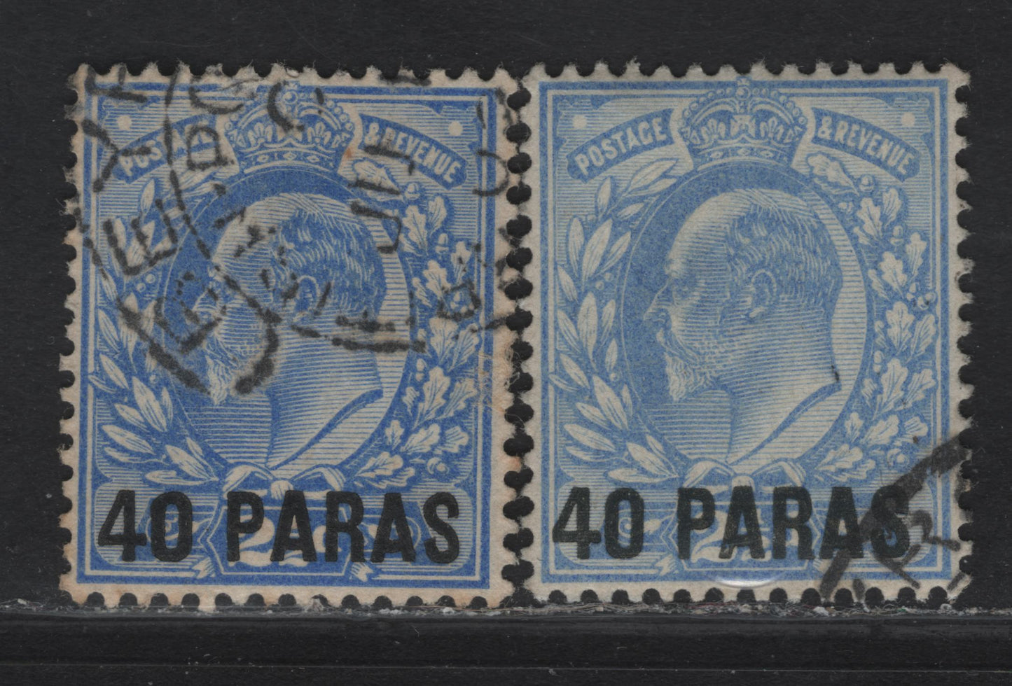 British Levant SG#8, 8a 40pa on 2.5d Ultramarine - Pale Ultramarine King Edward VII, 1902-1905 King Edward VII Issue, 2 Very Fine Used Singles, Dark & Light Overprints, Gray Black & Jet Black Fonts, Jet Black Is The Normal Font.
