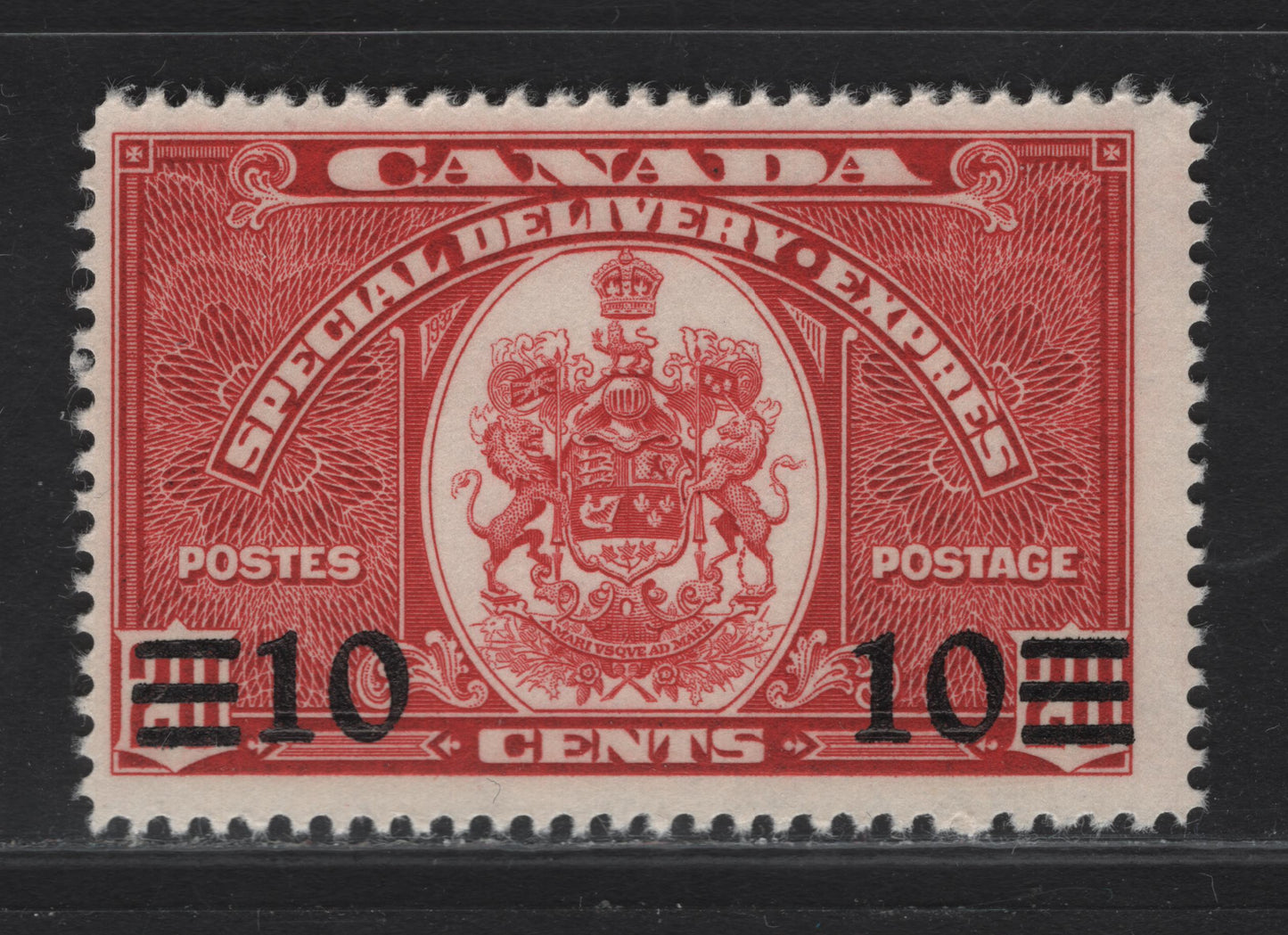 Lot 288 Canada #E9 10c on 20c Dark Carmine Emblem, 1939 Special Delivery Issue, A FNH Single, Paper/Gum CBN-OO, Perf 12